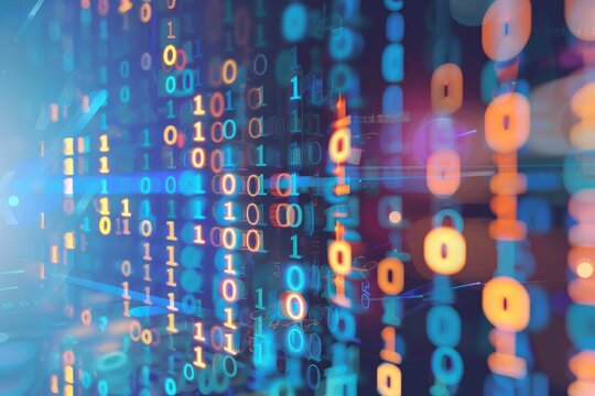 Abstract digital background with binary code, representing data, technology, and the digital world. Vibrant colors and futuristic design.