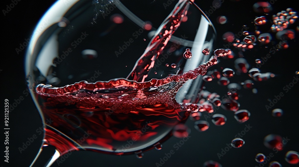 Sticker close-up of wine glass with red liquid flowing from top and bubbles at bottom