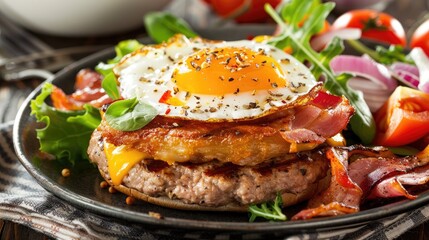 Delicious gourmet burger topped with a sunny-side-up egg, crispy bacon, melted cheese, and fresh greens on a black plate.