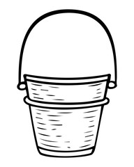 Hand drawn doodle of a metal bucket with a handle. Household item. Vector outline line art illustration.