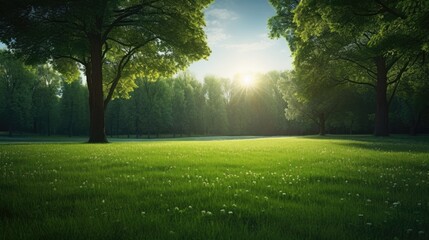 Obraz premium A serene landscape with lush green grass, trees, and a sunrise illuminating the scene.