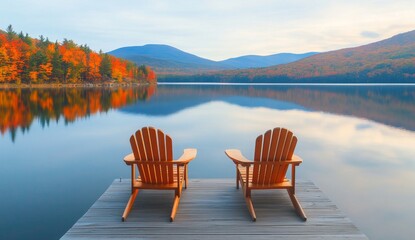 Two wooden chairs on a lake dock with a mountainous background
