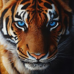 A close-up portrait of a majestic tiger showcasing its striking blue eyes and vibrant orange fur in stunning detail.