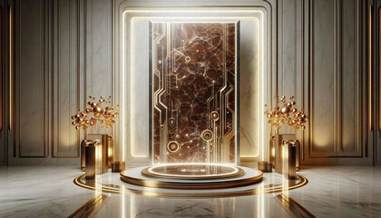 Sci-fi Theme: A futuristic scene with a blend of elegance and technology. The setting is a glossy beige Carrara marble wall. Generative AI.