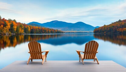 Two wooden chairs on a lake dock with a mountainous background