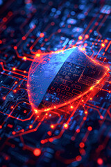 A computer chip with a red shield on it