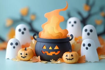 Minimalistic Halloween Paper Art with Bubbling Cauldron and Ghosts