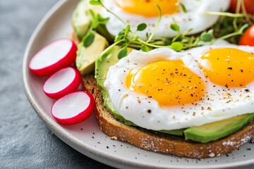 Vibrant poached eggs on toast with avocado and cherry tomatoes