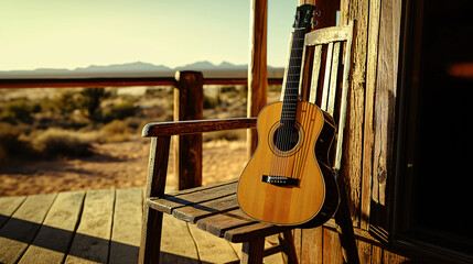 a classic acoustic guitar resting on a wooden porch of a country house in Arizona, country music vibes