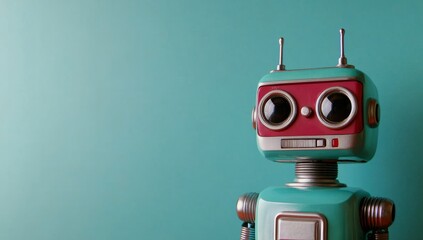 Fototapeta premium Vintage robot on a pastel background with copy space for text, AI and technology concept