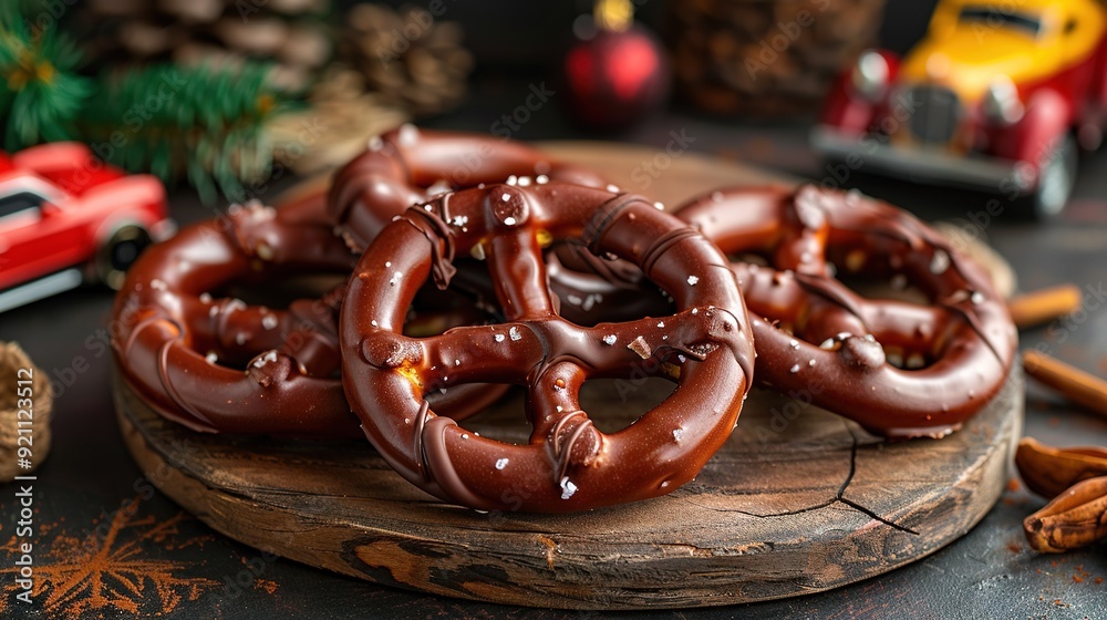 Poster   Chocolate pretzels on wooden board with cinnamon sticks