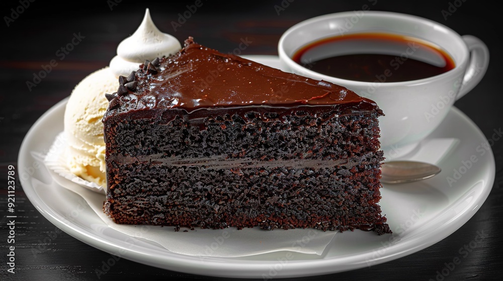 Wall mural   A chocolate cake with ice cream and coffee on a white plate