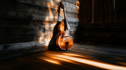 a rustic upright bass leaning against a weathered wooden wall on a country stage