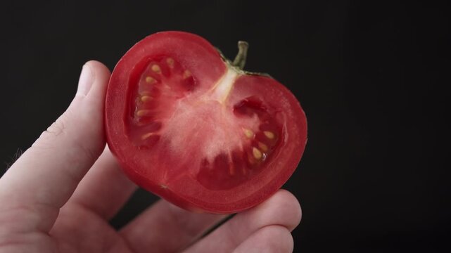 Holding a slice of tomato on dark background. Close up on big red tomato half.