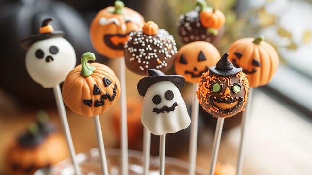 A set of Halloween cake pops decorated as pumpkins, ghosts, and witches, displayed in a festive arrangement on a table