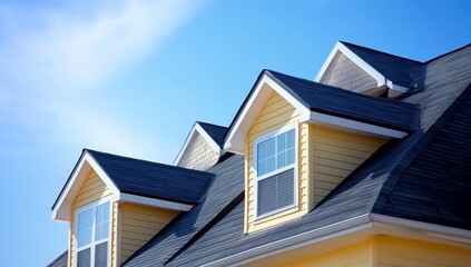 White and black roof on a house with a blue sky background