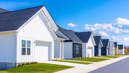 Fototapeta premium White and black roof on a house with a blue sky background