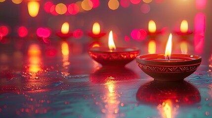 Glowing diwali diya oil lamps with intricate designs illuminate the surroundings festive celebration at night