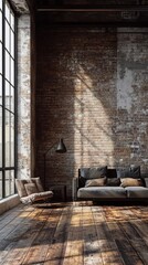 Fototapeta premium Loft-style room with rustic brick empty walls, large window, wooden floor, and cozy furniture bathed in natural sunlight.