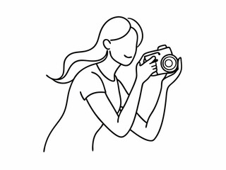 continuous single line drawing of woman with DSLR camera taking pictures, line art vector illustration

