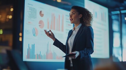 Data-Driven Presentation: A confident businesswoman confidently presents data-driven insights on a large screen in a modern office setting. 