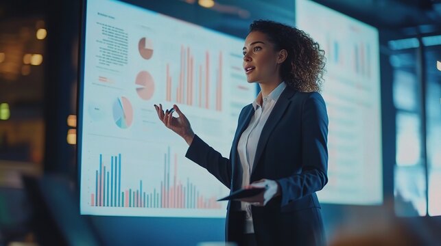 Data-Driven Presentation: A confident businesswoman confidently presents data-driven insights on a large screen in a modern office setting. 