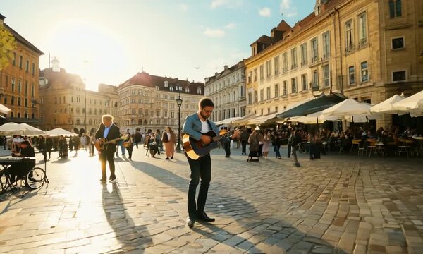 Street musician playing guitar in a lively urban square