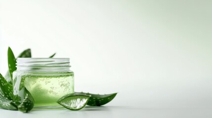 Aloe Vera gel, essential oil in glass jar, Aloe vera leaves isolated on white background. Cosmetics