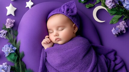 Peaceful Newborn Baby Sleeping with Purple Wrap on Lavender Background