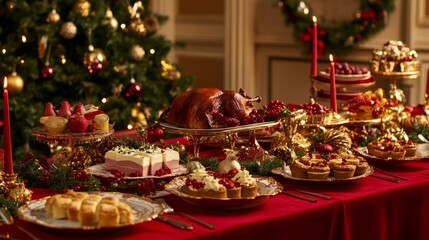 Fototapeta premium Elegant Christmas Feast: A Rich Red Tablecloth and Festive Delights Set the Stage for a Cozy Holiday Celebration