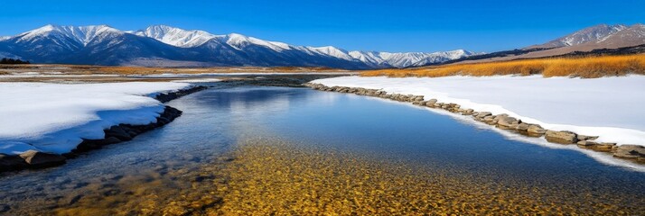 Winter Wonderland: Pristine Snow-Covered Landscape with Crystal-Clear Mountain Stream