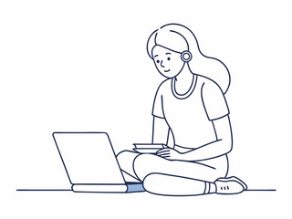 continuous single line drawing of female student using laptop computer, line art vector illustration
