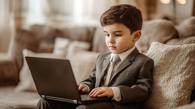 Little Businessman: A young boy in a suit sits on a couch, engrossed in his laptop, demonstrating a precocious spirit of entrepreneurship and ambition. 