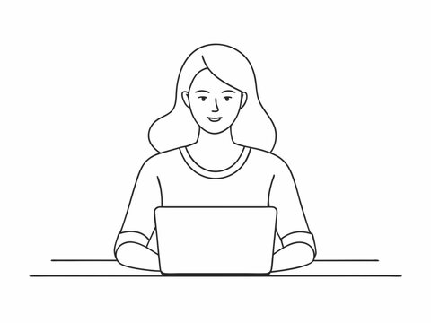 recommend clip art: continuous single line drawing of female student using laptop computer, line art vector illustration
                    