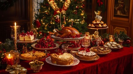 Elegant Christmas Feast: A Rich Red Tablecloth and Festive Delights Set the Stage for a Cozy Holiday Celebration