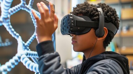 Student using virtual reality for educational purposes, exploring DNA structure.