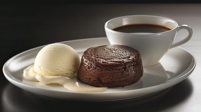   A white plate featuring a slice of cake, scoop of ice cream, and cup of coffee