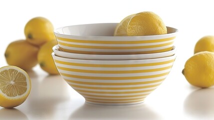   A bowl of lemons sits on a white tablecloth with several lemons arranged beside it