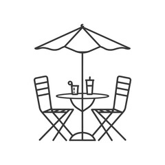 Outline Illustration of a Cafe Table with Two Chairs and Umbrella