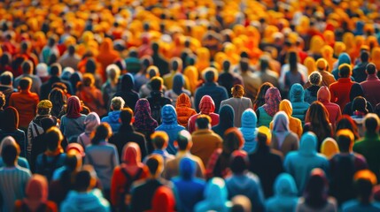 Obraz premium A large crowd of people from behind, a sea of colorful clothing