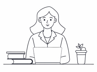 continuous single line drawing of female college student using laptop computer on her lap, line art vector illustration
