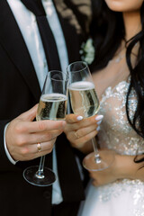 A stylish couple hold champagne glasses, close-up on their hands.