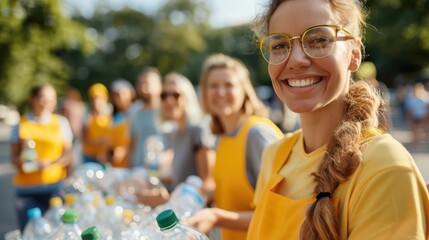Obraz premium A cheerful volunteer wearing an apron and glasses helps distribute bottled water at a charity event with a group of other volunteers in the background on a sunny day.