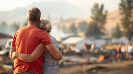 A couple comforts each other by hugging while looking at a damaged area filled with debris and remnants of structures, indicating the aftermath of a disaster.