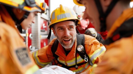 A firefighter is shown actively giving instructions to colleagues during an emergency situation, highlighting leadership, communication, and coordination in fire rescue operations.