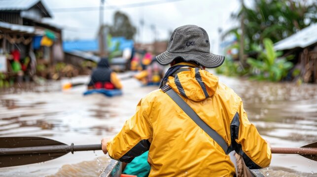 A rescue team navigates flooded streets in canoes, reflecting the urgency and dedication of these heroes as they manage rescue efforts and provide relief in flood-hit areas.
