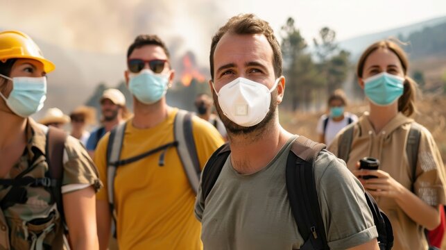 A group of people wearing masks stand together, possibly preparing for an emergency or crisis, demonstrating readiness, solidarity, and cooperation in facing adversities.