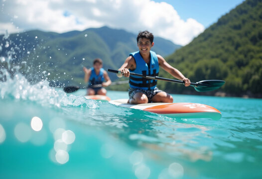 paddle boarding on turquoise lake surrounded by mountains. Captures family-friendly water sports, outdoor adventure, and summer vacation fun. For travel, tourism, and lifestyle content.