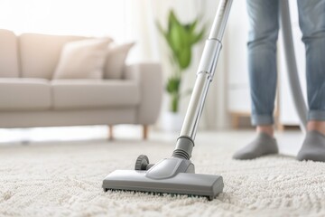 Home Cleaning Routine with Modern Vacuum on Carpet in Bright Living Room