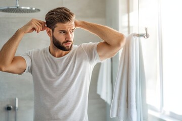 Confused Young Man Checking Hair in Bathroom
